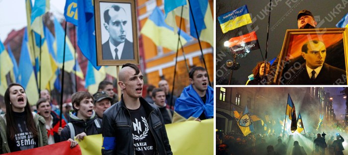 1-2. Marches with portraits of Bandera. Source: RT, Ukrainian Foto; 3. Azov Battalion commemorates the establishment of UPA, 2014. Source: Getty / AFP.