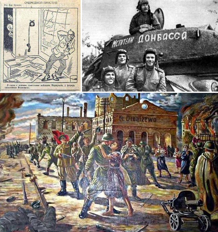 1. Hitler is worried about Mariupol 2. Donbass Avengers, 1945 3. Debaltsevo Train Station is Ours, 1947.